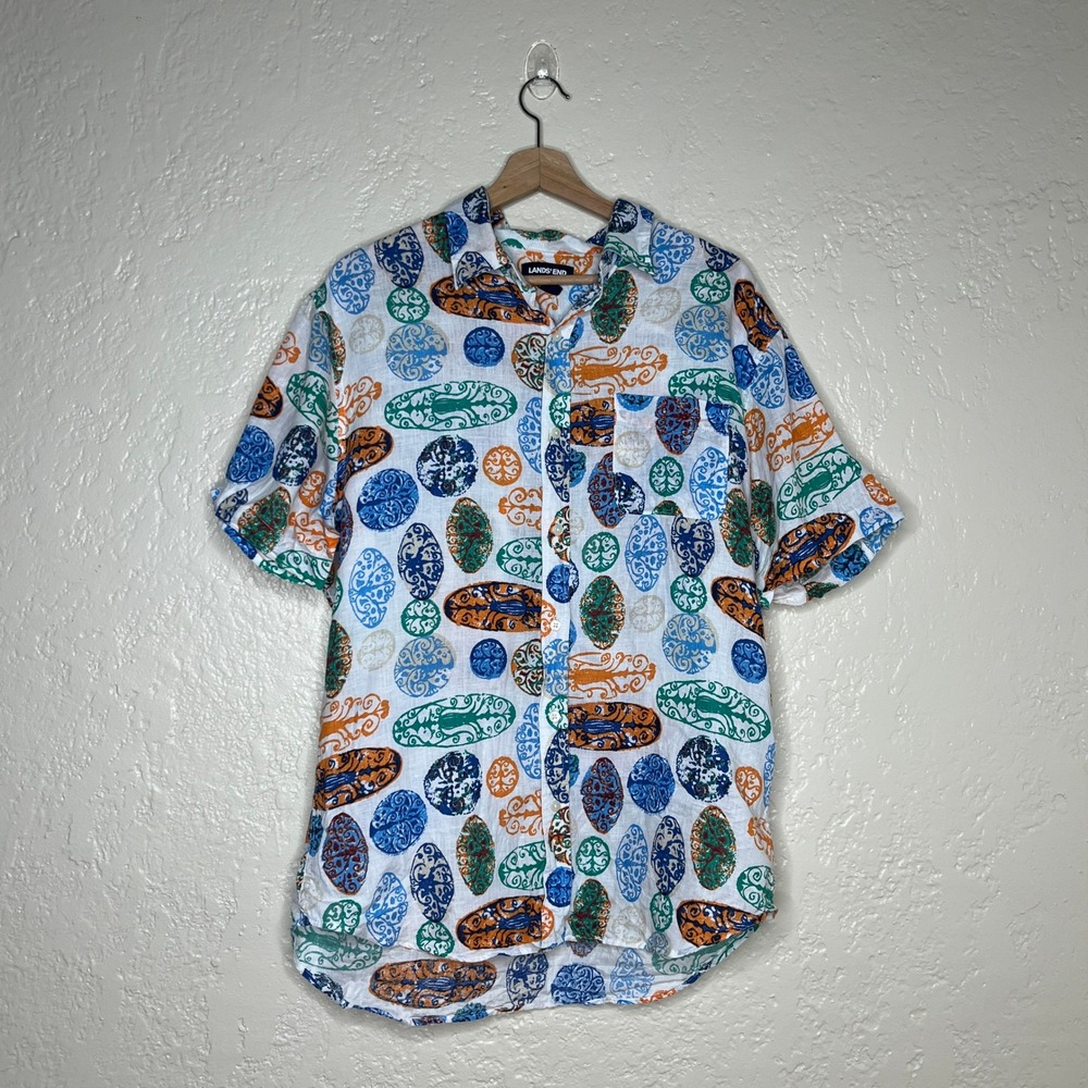 Lands End Mens Large Tailored Fit 100% Linen Short Sleeve Button Down Shirt L